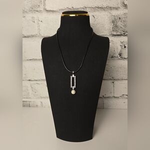 Modern Rhinestone & Faux Pearl Pendant Necklace on Black Cord – Adjustable